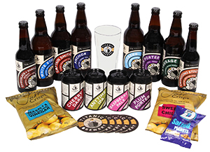Image shows the beers, snacks and other treats included in Titanic Brewery's Pub in a Box